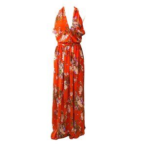 Smak Parlour Dress Halter Full Length Coral Floral Lined Tie Waist Women’s 14 XL